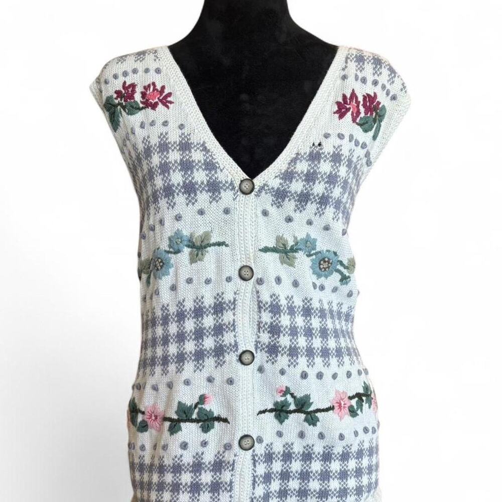 90s Knit Cream Sweater Vest – Cottagecore Floral Embroidered XXL - Picture 3 of 8